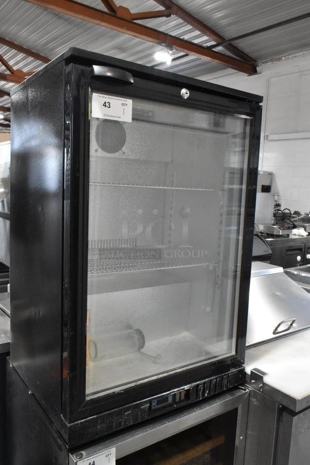 BBC138 Metal Mini Cooler Merchandiser, 115V, 1 Phase, glass door, metal shelving. Model: BBC138. Good condition.