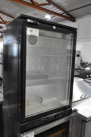 BBC138 Metal Mini Cooler Merchandiser, 115V, 1 Phase, glass door, metal shelving. Model: BBC138. Good condition.