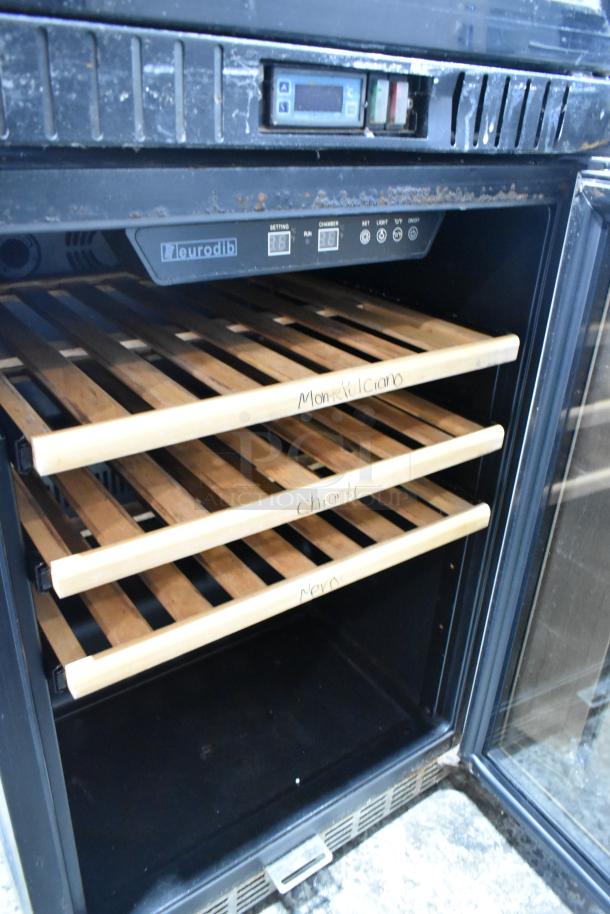 Eurodib USF-54S metal mini wine chiller with wooden shelves, 115 volts, 1 phase, visible digital control panel, and brand label.