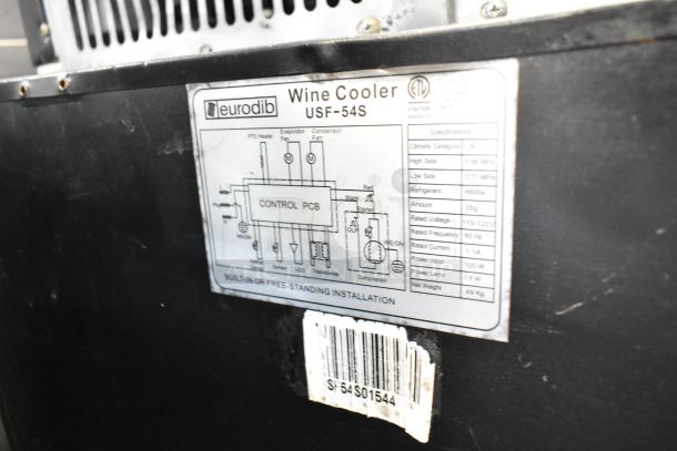 Eurodib USF-54S metal mini wine chiller, 115 volts, with specifications and barcode visible on label, model USF-54S.