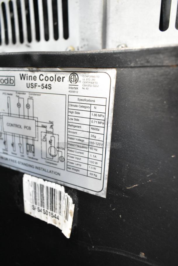 Eurodib USF-54S Mini Wine Chiller, metal exterior, 115 volts, single phase, with specifications label showing climate and voltage details.