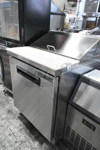 Maxx Cold MXCR29S stainless steel sandwich prep table on casters, featuring bain marie mega top, 115V, 1 phase.