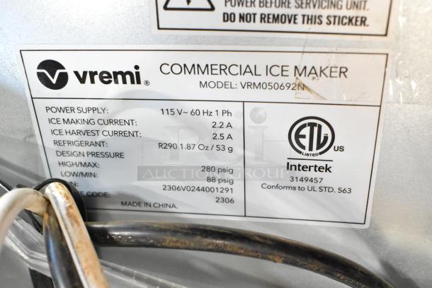 Vremi 2023 Stainless Steel Undercounter Ice Machine label showing model VRM050692N, 115V, 1 Phase; ETL listed.