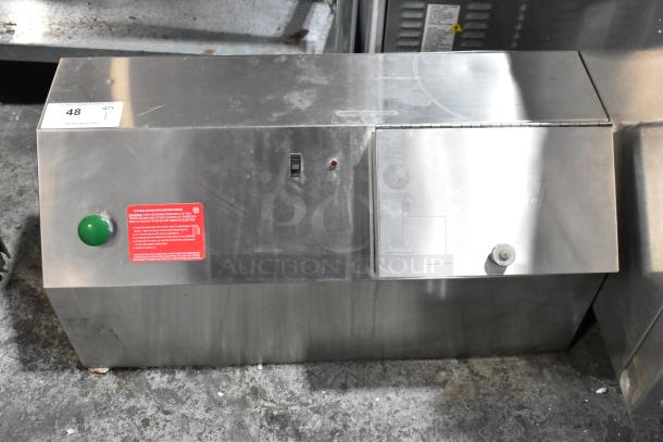 Edlund CH-5000 stainless steel commercial hydraulic can crusher, 115 volts, 1 phase. Features control panel and operation label.
