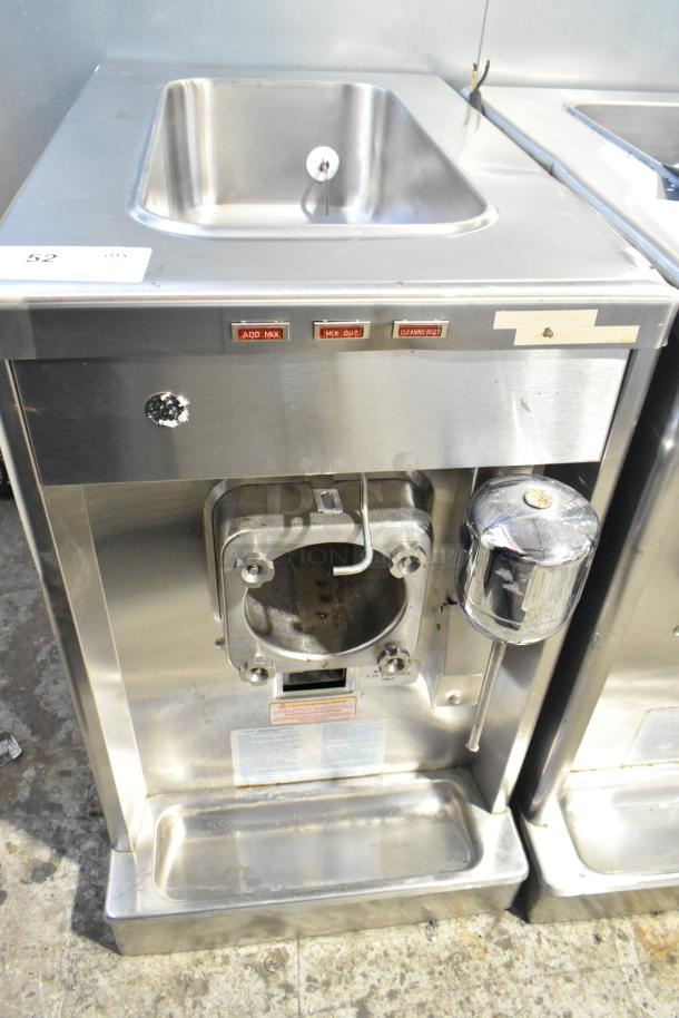 Taylor 340D-27 stainless steel frozen beverage machine with drink mixer attachment, 208-230V, 1 phase, labels visible.