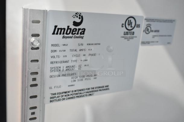 Imbera VR12 Cooler label showing model, 115 volts, 1 phase, R-134a refrigerant type, UL listed for safety compliance.