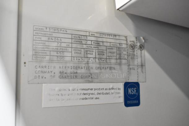Kelvinator T3OHSP-4 reach-in hardening cabinet label showing model, refrigerant type, and electrical specs.