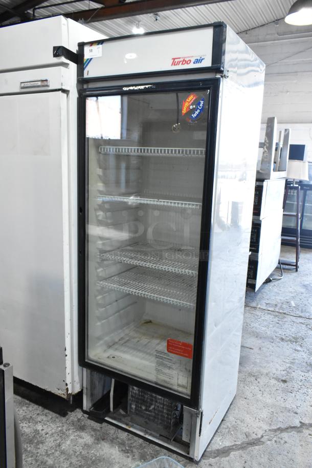 Turbo Air TGM-22R single door cooler merchandiser, metal, 115 volts, 1 phase, four shelves, visible usage wear.