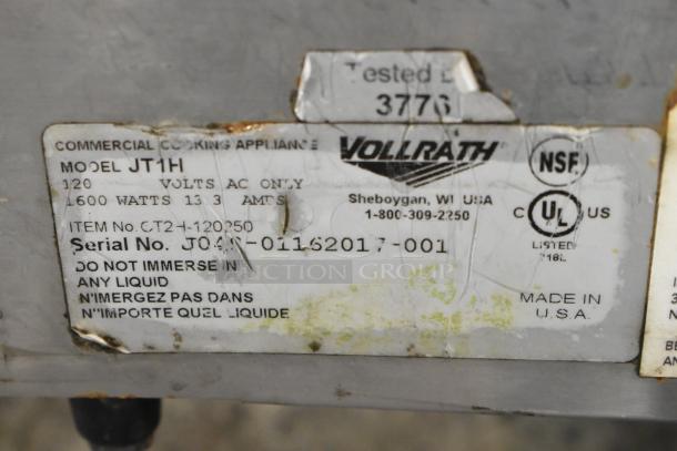 Vollrath JT1H stainless steel commercial countertop conveyor toaster oven label, showing model, voltage, and safety certifications.