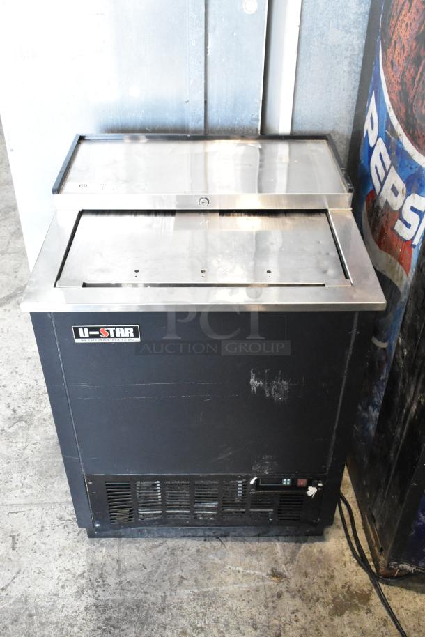 U Star USGF-1L metal commercial back bar cooler with sliding lid. Features U Star branding. 115 volts, 1 phase.