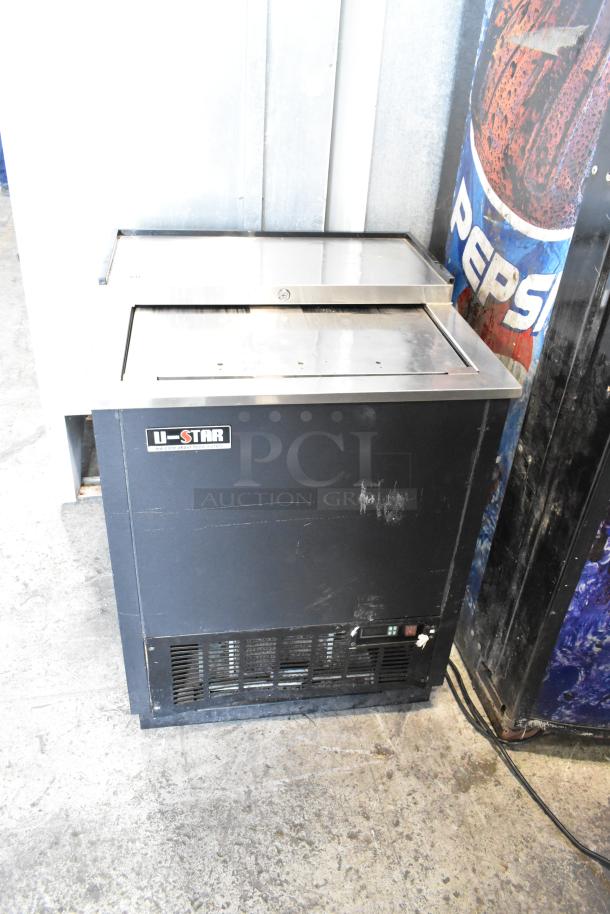 U Star USGF-1L metal back bar cooler with sliding lid, 115 volts, 1 phase, light wear, logo visible on front.