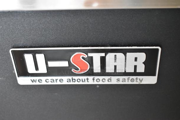U Star USGF-1L metal commercial back bar cooler with sliding lid, 115 volts, 1 phase; features U Star logo "we care about food safety".