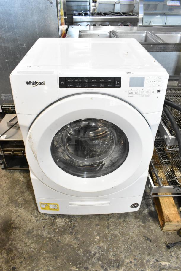Whirlpool WFW5620HW2 front load washer, metal, 120V, visible marks, control panel details, energy-efficient, used condition.