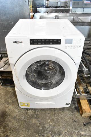 Whirlpool WFW5620HW2 front load washer, metal, 120V, visible marks, control panel details, energy-efficient, used condition.