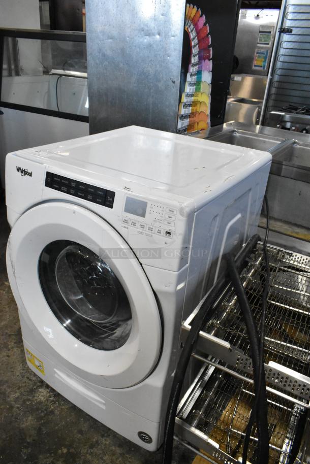 Whirlpool WFW5620HW2 front load washer, white, 120V, 1 Phase, visible wear, control panel display.