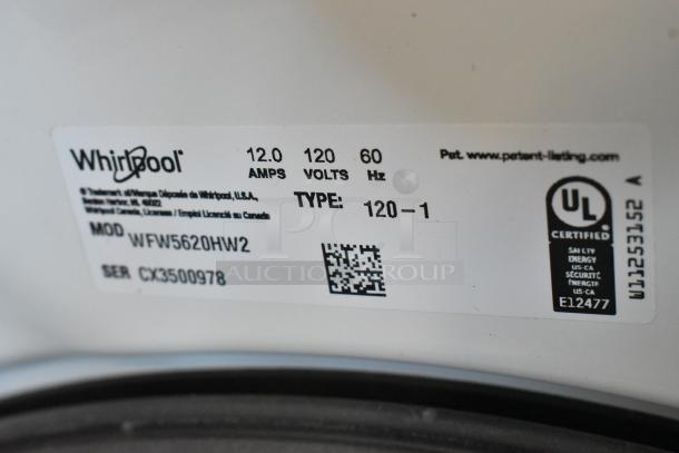 Whirlpool WFW5620HW2 front load washer label showing model, 120V, 12A, 60Hz. UL certified, serial CX3500978.
