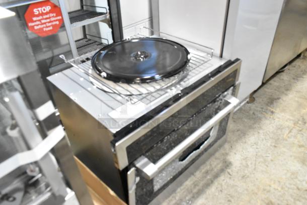Brand new KoolMore KM-MD-1SS stainless steel commercial microwave drawer, glass visibly damaged, 120V, 1 phase.