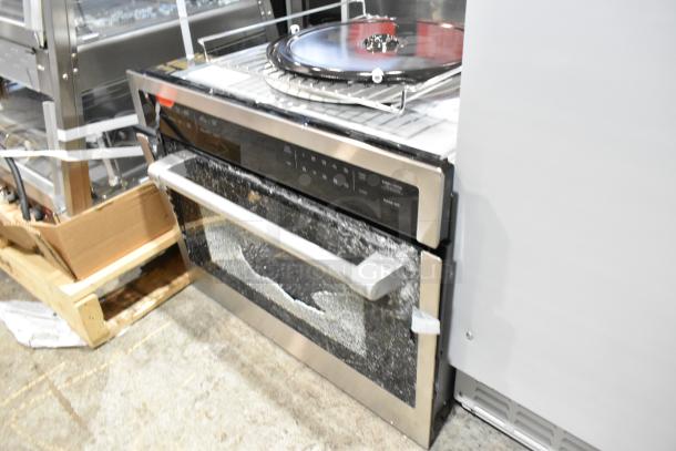 Brand new KoolMore KM-MD-1SS stainless steel microwave drawer, 120V, with visible glass damage. Model: KM-MD-1SS.