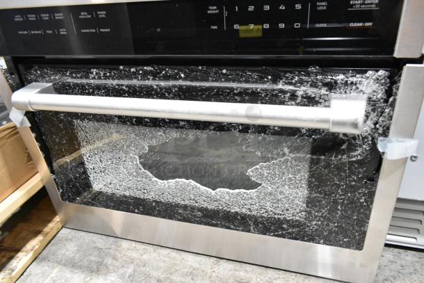 BRAND NEW 2025 KoolMore KM-MD-1SS Stainless Steel Commercial Microwave Drawer; glass damage visible, 120V, 1 Phase.