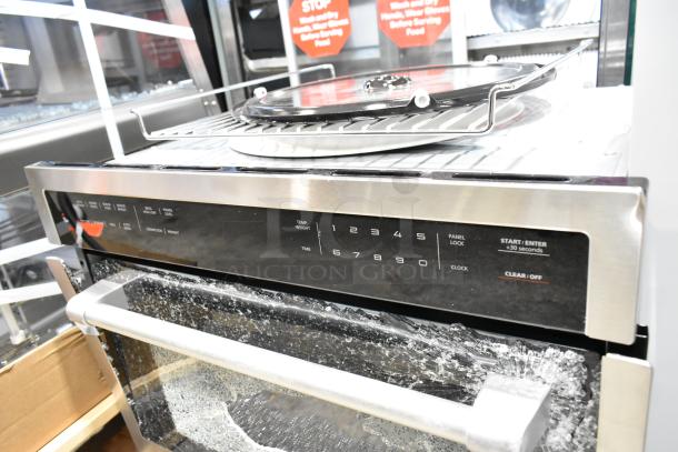 BRAND NEW 2025 KoolMore KM-MD-1SS Stainless Steel Commercial Microwave Drawer, scratch and dent, glass damage visible.