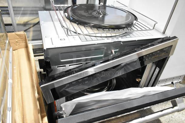 Brand new 2025 KoolMore KM-MD-1SS stainless steel commercial microwave drawer, 120V, 1 phase, with visible glass damage.