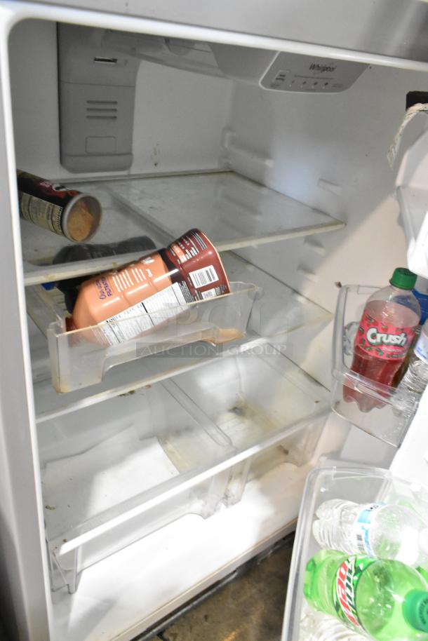 2020 Whirlpool WRT311FZDM01 stainless steel fridge with visible drink containers inside. 115 volts, 1 phase. Moderate wear.
