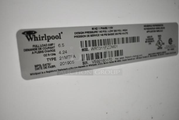 2020 Whirlpool cooler model WRT311FZDM01 label, showing specs: 115V, 1 Phase, full load amp 6.5, type 21MTFA, manuf. date 201905.