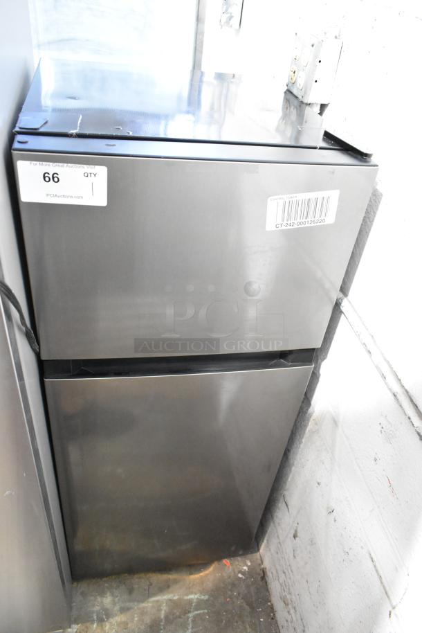 Brand new Vissani HVDR45PS stainless steel cooler with freezer, 115 volts, 1 phase, slight scratch and dent visible, tags present.