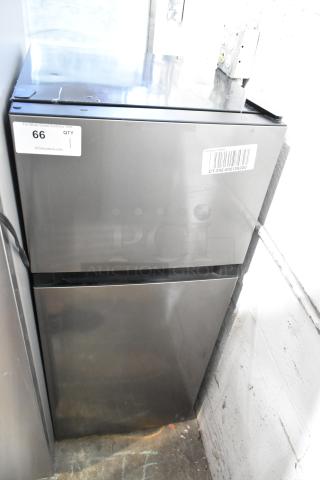 Brand new Vissani HVDR45PS stainless steel cooler with freezer, 115 volts, 1 phase, slight scratch and dent visible, tags present.