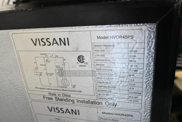 Brand new Vissani HVDR45PS stainless steel cooler with freezer, 115V, 1-phase, scratch and dent condition, detailed specs label visible.
