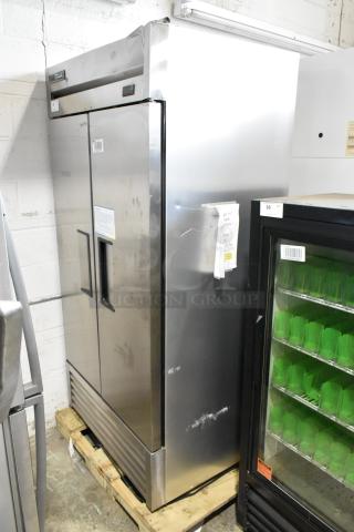 2020 True T-35-HC stainless steel commercial 2-door reach-in cooler with poly-coated racks, visible minor wear.