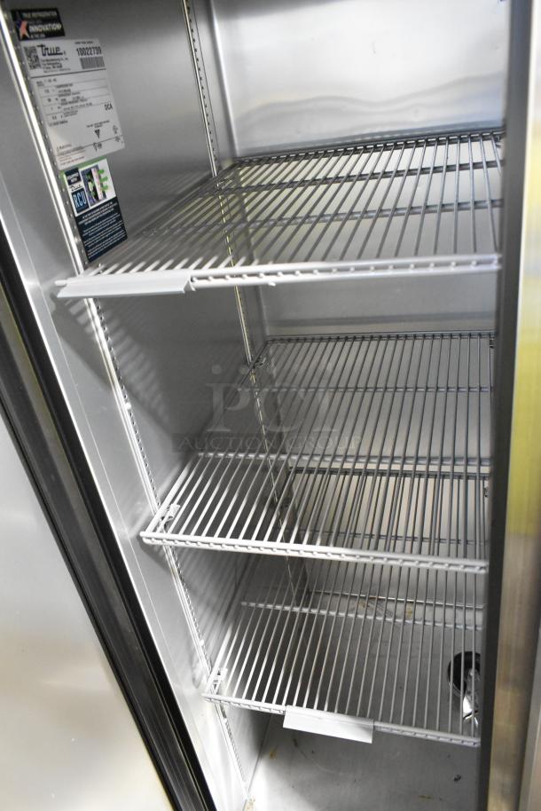2020 True T-35-HC stainless steel commercial cooler, 2 doors, poly coated racks, 115V 1 phase, interior label visible.