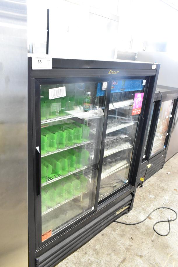 True GDM-41SL-60-LD commercial 2-door cooler with glass front, poly-coated racks, visible barcode, and 115V power cord.