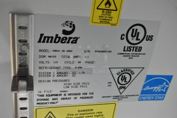 Imbera VRD41 cooler label, 115 volts, 1 phase, uses R-290 refrigerant, UL and Energy Star certified, for commercial use.