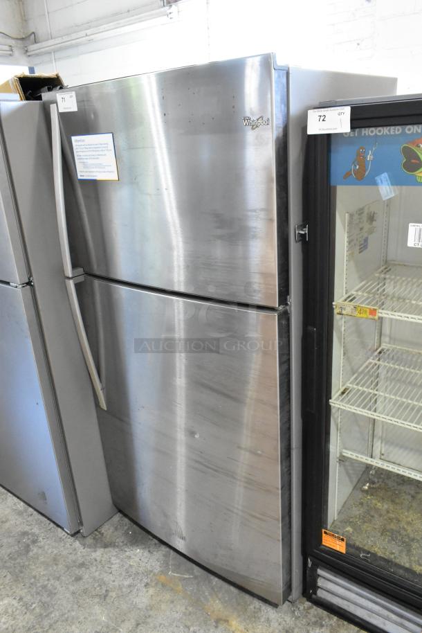 Whirlpool stainless steel cooler with freezer, 115 volts, 1 phase, showing moderate wear. Brand label visible.