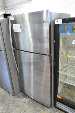 Whirlpool stainless steel cooler with freezer, 115 volts, 1 phase, showing moderate wear. Brand label visible.