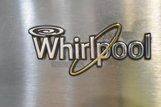 Whirlpool stainless steel cooler w/ freezer, 115 volts, 1 phase, features brand logo, sleek design, excellent condition.