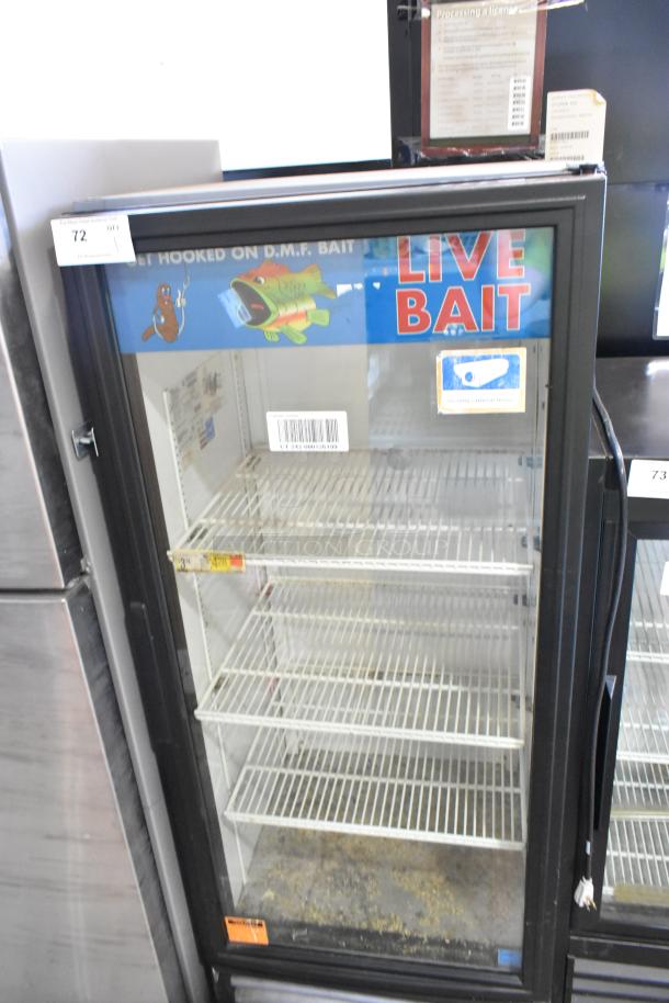True GDM-12 commercial cooler, single glass door, poly coated racks, pre-owned, 115V, 1 phase. "Live Bait" signage visible.