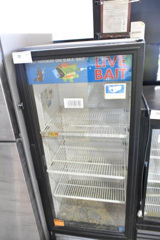 True GDM-12 commercial cooler, single glass door, poly coated racks, pre-owned, 115V, 1 phase. "Live Bait" signage visible.