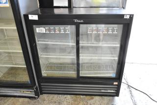 2019 True GDM-41SL-48-HC-LD commercial cooler, 2 glass doors, metal frame, poly-coated racks, 115V, 1 phase, clean condition.