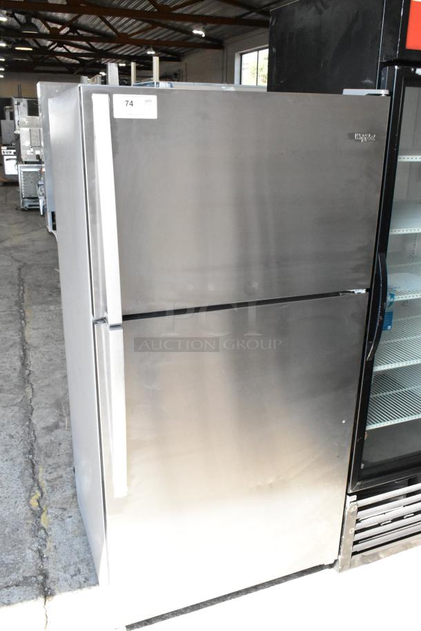 2019 Whirlpool WRT311FZDM01 stainless steel refrigerator with freezer, 115V, 1 Phase. Minimal wear, label: "74 QTY Available."