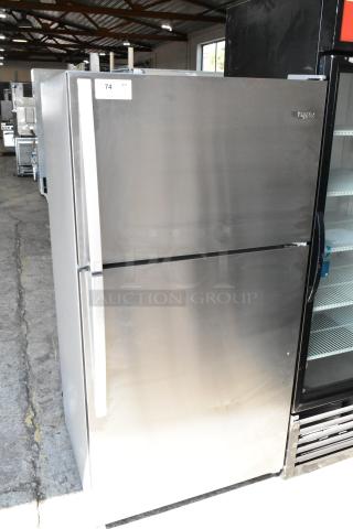 2019 Whirlpool WRT311FZDM01 stainless steel refrigerator with freezer, 115V, 1 Phase. Minimal wear, label: "74 QTY Available."