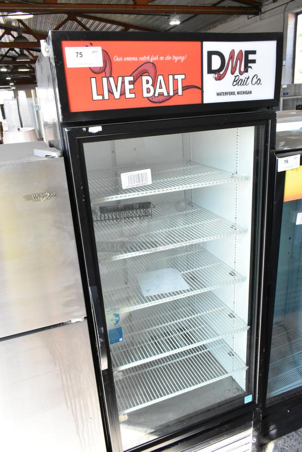 True GDM-26-HC single-door merchandiser, excellent condition, poly-coated racks, 115V, 1 Phase. Features “Live Bait” signage.