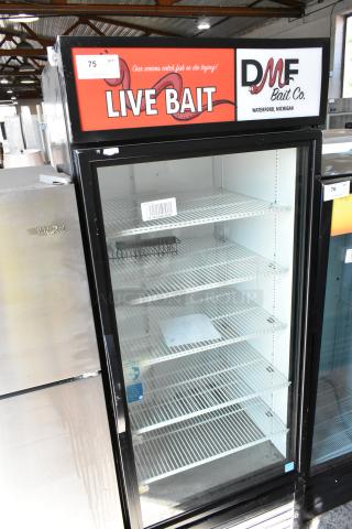 True GDM-26-HC single-door merchandiser, excellent condition, poly-coated racks, 115V, 1 Phase. Features “Live Bait” signage.