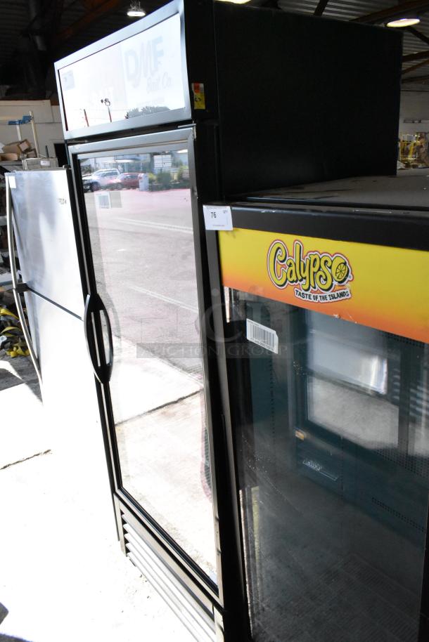 2023 True GDM-26-HC metal commercial single door cooler, clear glass front, poly coated racks, 115V, stickered "Calypso".