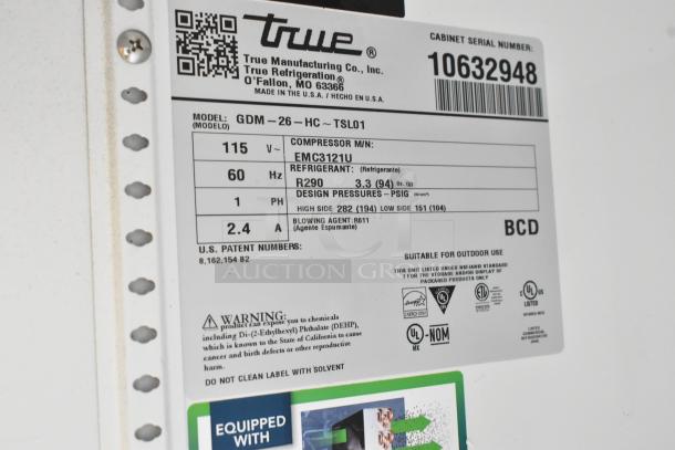 2023 True GDM-26-HC Commercial Cooler tag. Features 115 V, R290 refrigerant, EMC3121U compressor, serial 10632948.
