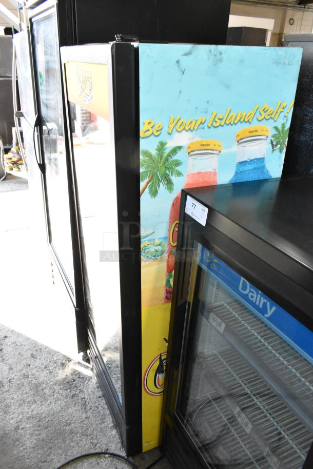 IDW G-12-F334B-HC Metal Commercial Single Door Cooler with advertising graphics, poly coated racks, in use condition.