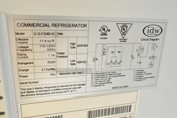 IDW G-12-F334B-HC commercial cooler label; 11.4 cu.ft., 115V, R290 refrigerant, phase 1, UL listed.