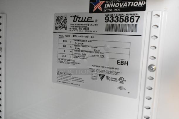 2018 True GDM-41SL-48-HC-LD commercial cooler label showing model, voltage, refrigerant info, and compliance markings.