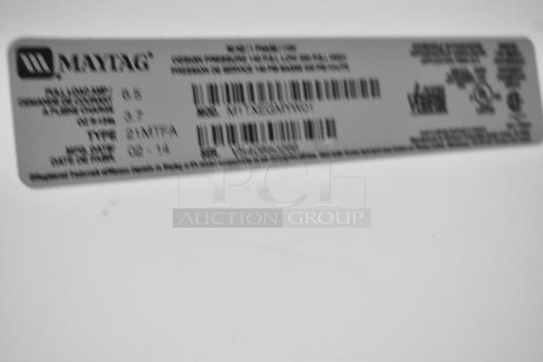 Maytag M1TXEGMYW01 metal cooler with freezer label, 115V, 1-phase, in good condition. Model and specs visible.